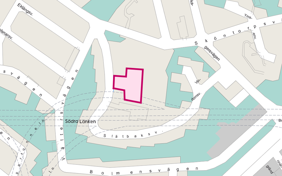 Kartbild över SLätbaksvägen, Sköntorpsvägen, Vättersvägen.  Planområdet är markerat i rosa.