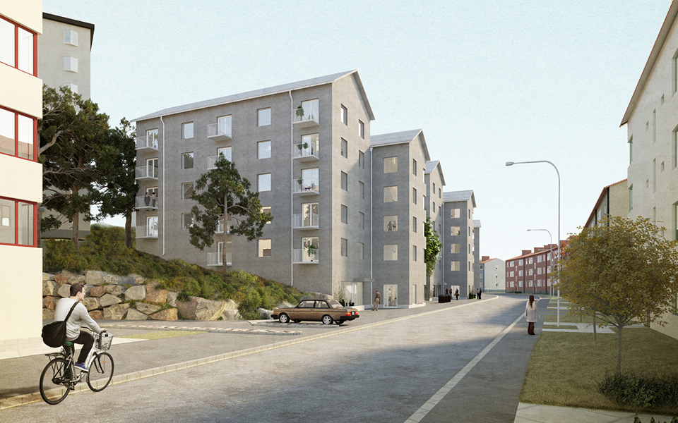Bostadsområde, grå flervåningshus, illustration.
