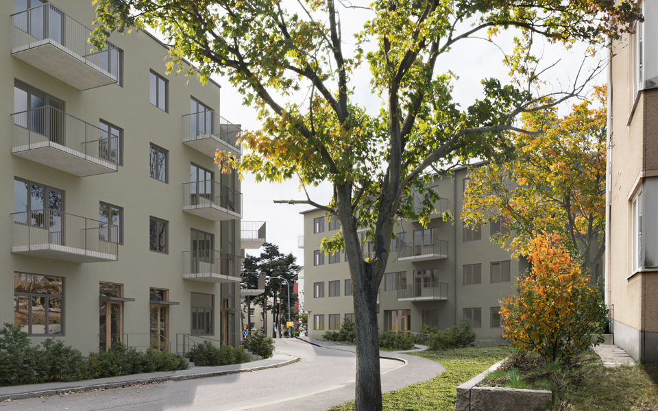 Två flerbostadshus med ljus fasad på var sin sida om en mindre gata. Träd och grönska invid husen. Illustration