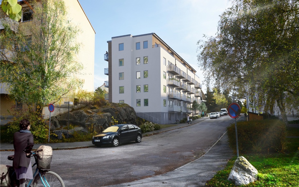 Vy över gata intill flerbostadshus, nytt hus illustrerat. Illustration.