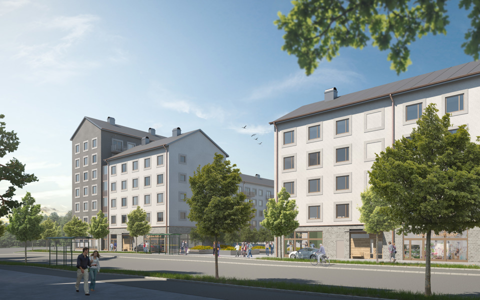 Gatuvy . På andra sidan gatan syns vita och grå flerbostadshus. Människor i rörelse. Illustration.