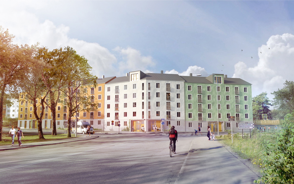 Bostadsområde, människor rör sig i området, illustration.