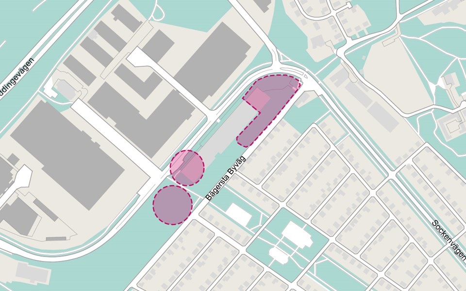 Översikt över området med ungefärligt planområde markerat med rosa.