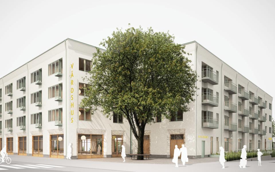 Två vita flervåningshus som möts i ett hörn. På en skylt står  Värdshus. Illustration.