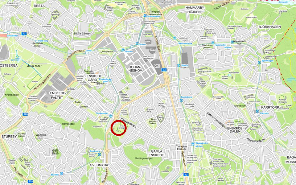 Tecknad karta där planområdet markerats med en röd ring.