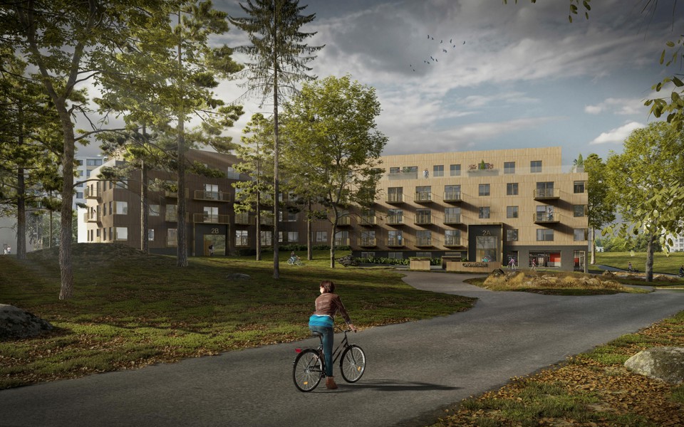 Ett långt flerbostadshus med ljusbrun fasad syns längs en gata. Träd, grönska och människor i rörelse.  Illustration