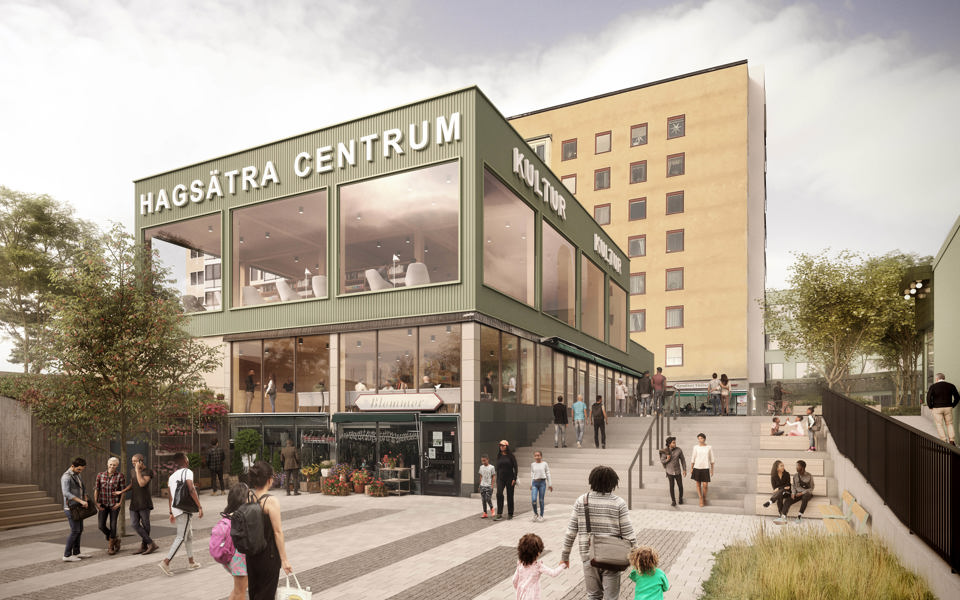 Byggnad invid torg, på byggnaden står det Hagsätra Centrum, människor i rörelse, illustration.