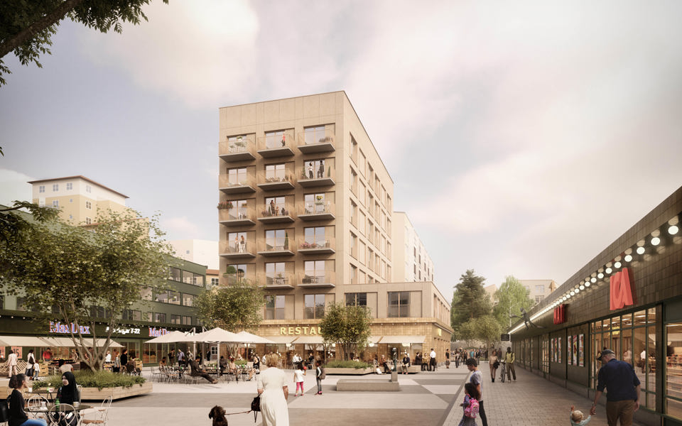 Torg med verksamheter och flerbostadshus runt omkring, sittytor och uteserveringar, människor i rörelse, illustration.