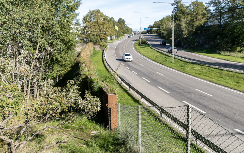 Den nya gröna bullerskyddsskärmen vid Hagsätraskogen.