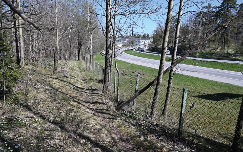 Staket mellan Hagsätraskogen och Huddingevägen.