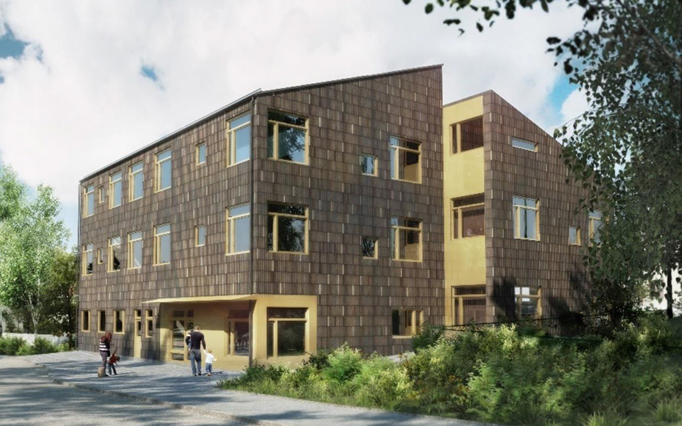 Byggnad med tre våningar, människor i rörelse, illustration.
