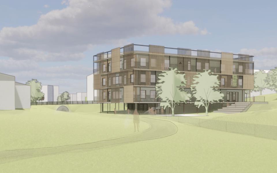 Vy mot byggnad med flera våningar och loftgångar, gångstråk, grönytor, illustration.