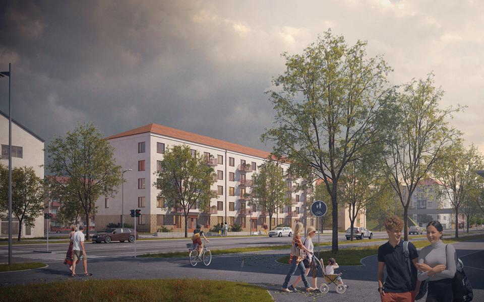 Vy mot flerbostadshus på andra sidan av en bilväg, gångvägar, träd, människor i rörelse, illustration.