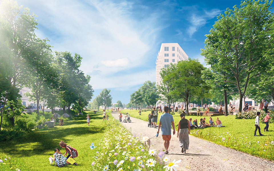 Grönområde, grusad gångväg, människor i rörelse, i bakgrunden syns ett högt flerbostadshus, illustration.