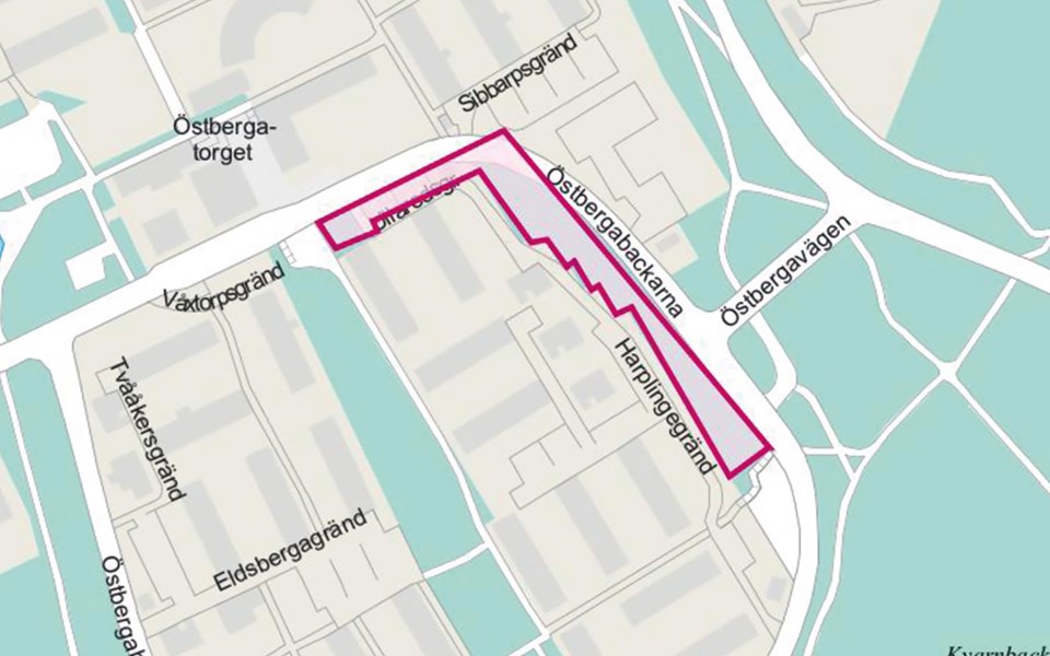 Kartbild där planområdet är markerat med rosa linje. 