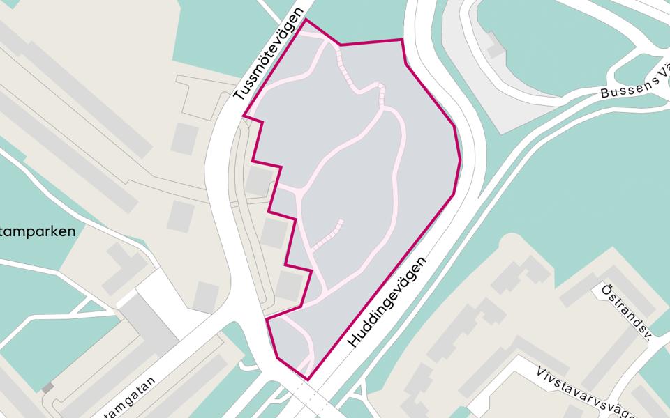 Kartbild med ungefärligt planområde, mellan Tussmötevägen och Huddingevägen,  markerat i rosa.