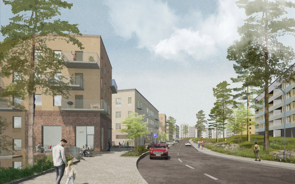 Flervåningshus i ljusa färger invid väg kantad av träd och grönområden, illustration. 
