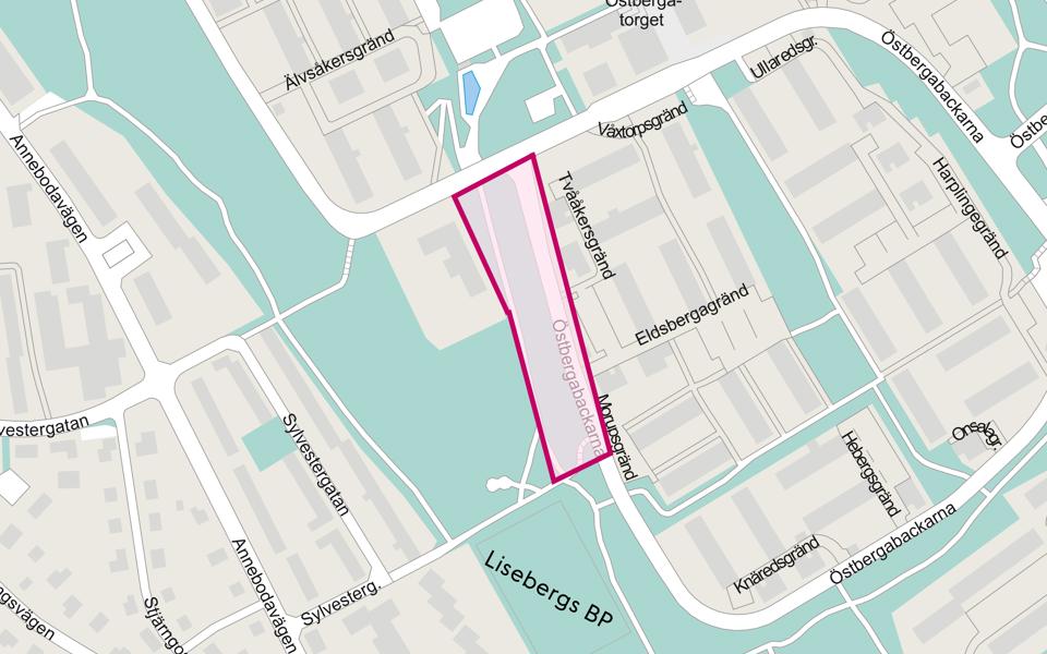 Karta över Östberga med det område där det ska byggas inringat.