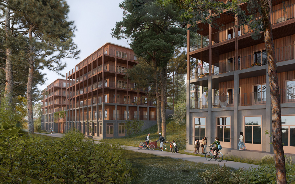 Bostadshus i trä med balkonger. Grönområden, träd och buskar. Människor i rörelse. Illustration.
