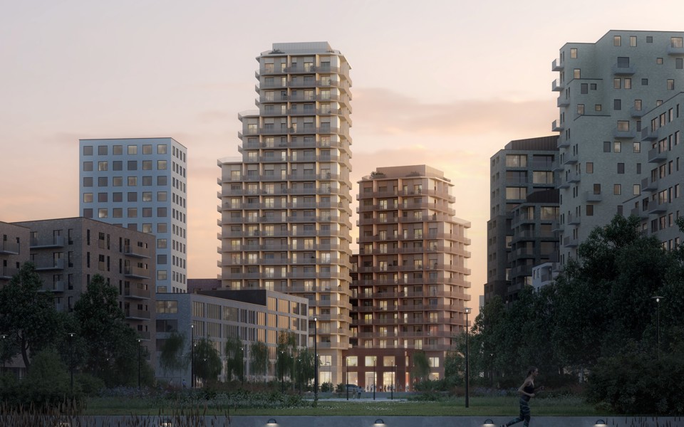 Höga bostadshus med balkonger. Illustration: Arkitema/Shanks studio
