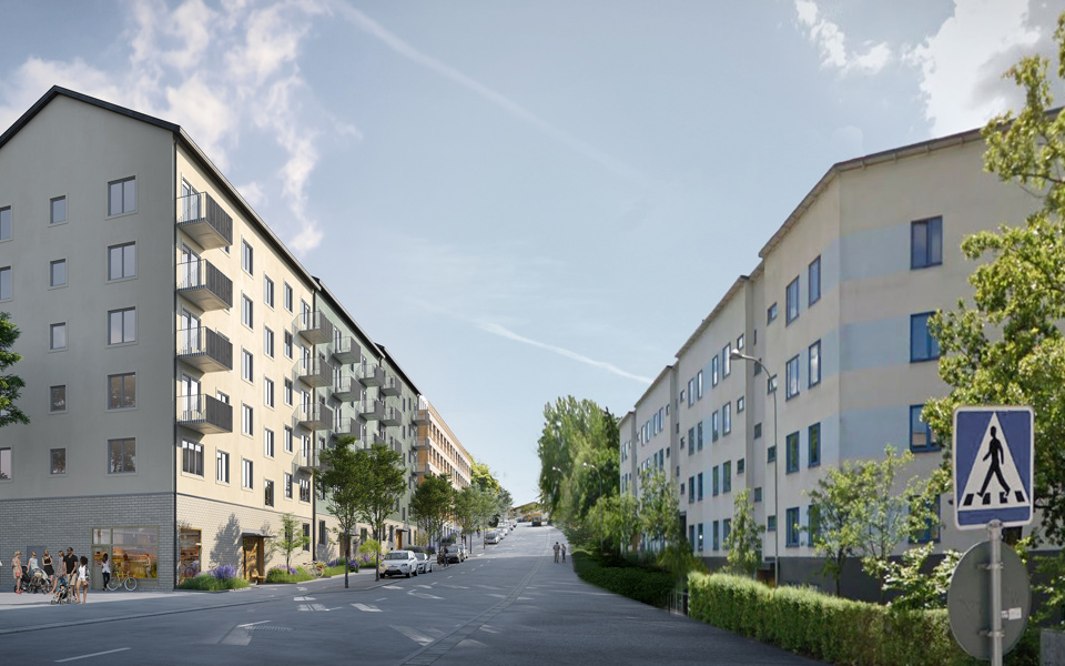 Gatuvy, livfullt bostadsområde, illustration.