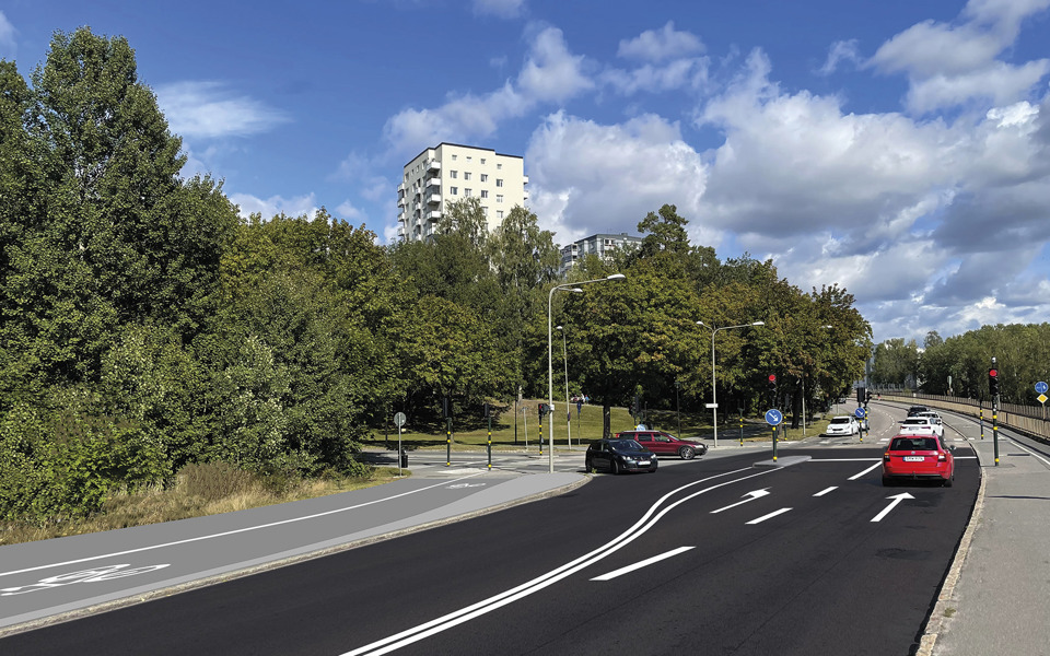 Fotomontage av bilväg och korsning. Träd längs vägen och bostadshus som skymtar.