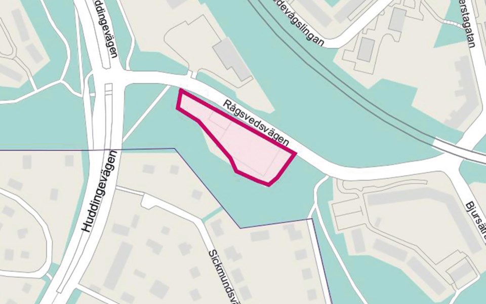 Karta över område. Planområde för förråd inringat i rosa.