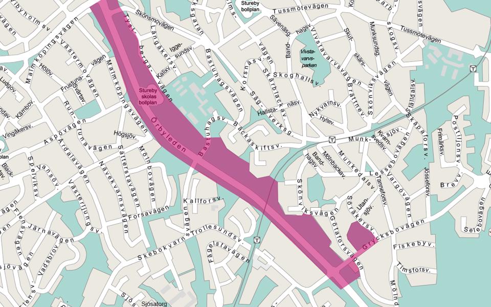 Karta över Stureby och Bandhagen. Ungefärligt planområde längs Örbyleden, från Huddingevägen till Grycksbovägen markerat.