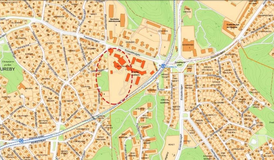 Översiktskarta över Stureby med ungefärligt inringat planområde.