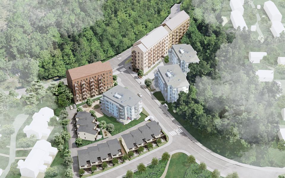 Flygvy från sydväst över det föreslagna flerbostadshuset vid Magelungsvägen och radhusen vid Skrattmåsvägen.