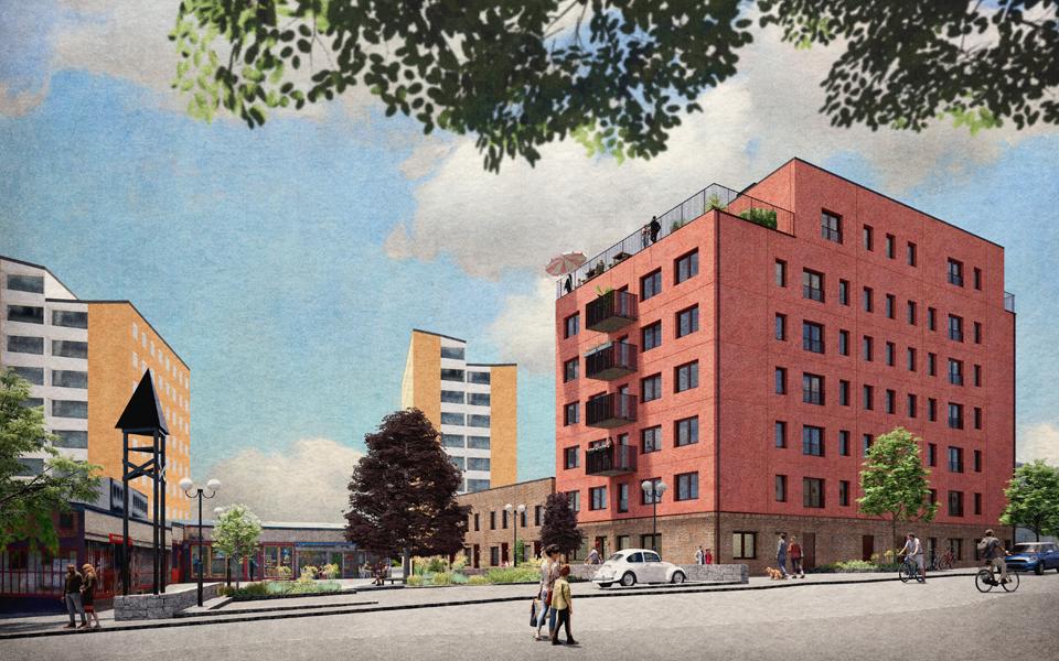 Färgglada hus vid ett torg med träd och växter. Gata utanför med människor i rörelse, illustration.