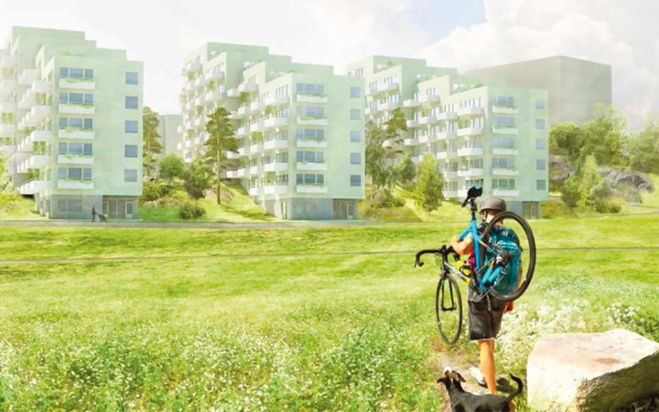 Vy över grönområde, person bärande på cykel. I bakgrunden tre lamellhus i ljusgrönt, illustration.