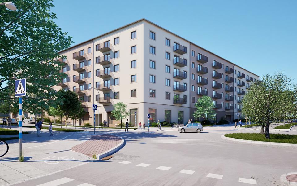 Bild av trafikrondell med hus, bilar och folk i rörelse. 