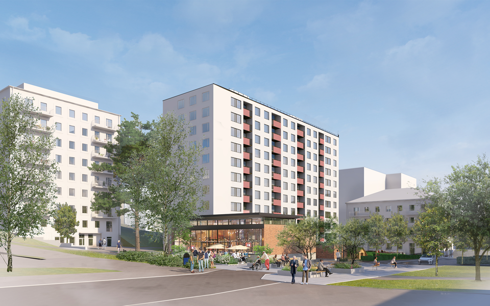 Bild över torg med tre höga bostadshus och en paviljong byggnad. 