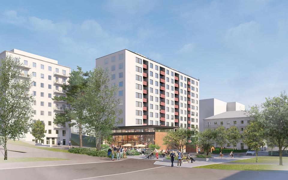Bild över torg med tre höga bostadshus och en paviljong byggnad. 