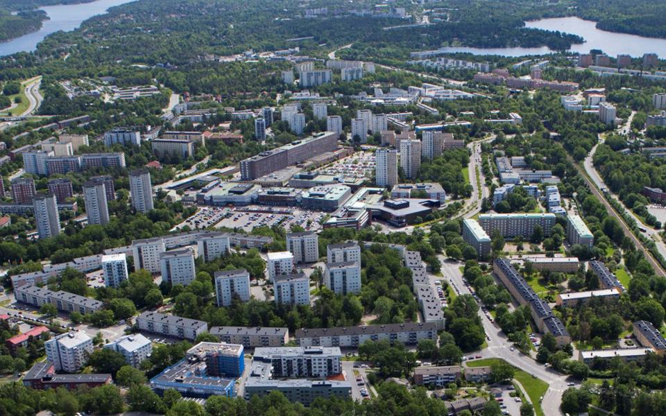Flygvy över Farsta, fotografi.