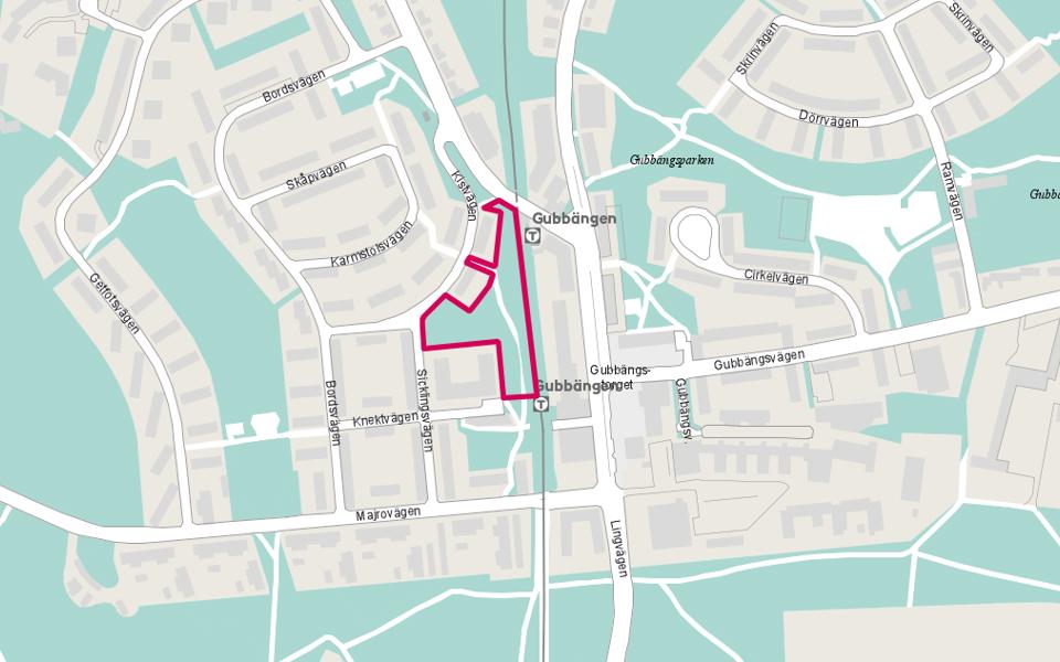 Karta över Gubbängen med planområdet markerat.