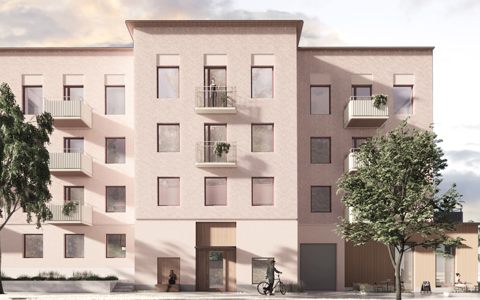 Vy av fasaden för den föreslagna bebyggelsen längs Herrhagsvägen. Bild: Varg arkitekter. 