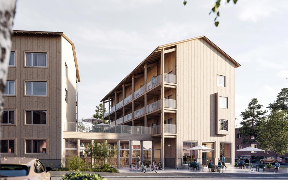 Studentbostäder med loftgångar sett från gata. Uteservering utanför, människor som umgås, illustration.