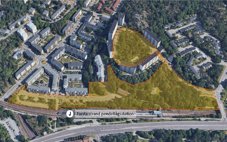 Flygvy över stadsdelen Larsboda med projektets ungefärliga planområde markerat i orange.