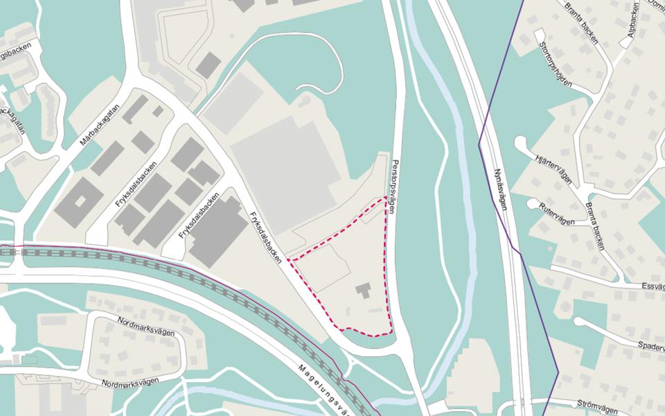 Bild av grön och grå karta som visar placering av planområdet och Larsboda verksamhetsområde. 