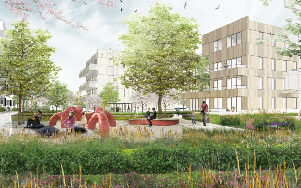 Grönskande bostadsområden med en park mellan husen där barn leker, illustration.
