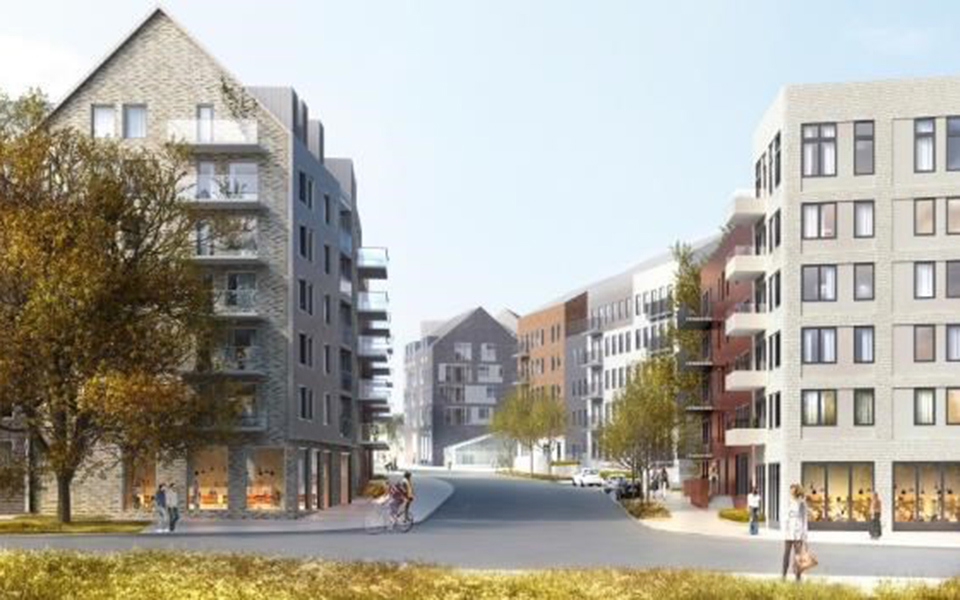 Vy mot gata mellan bostadshus, illustration.