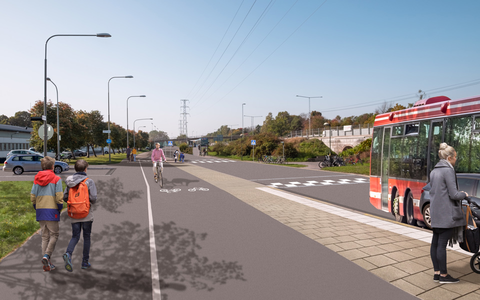 Cykelbana vid skola. Människor som promenerar och cyklar. Buss som kör på bilväg och bil parkerad. Visionsbild.