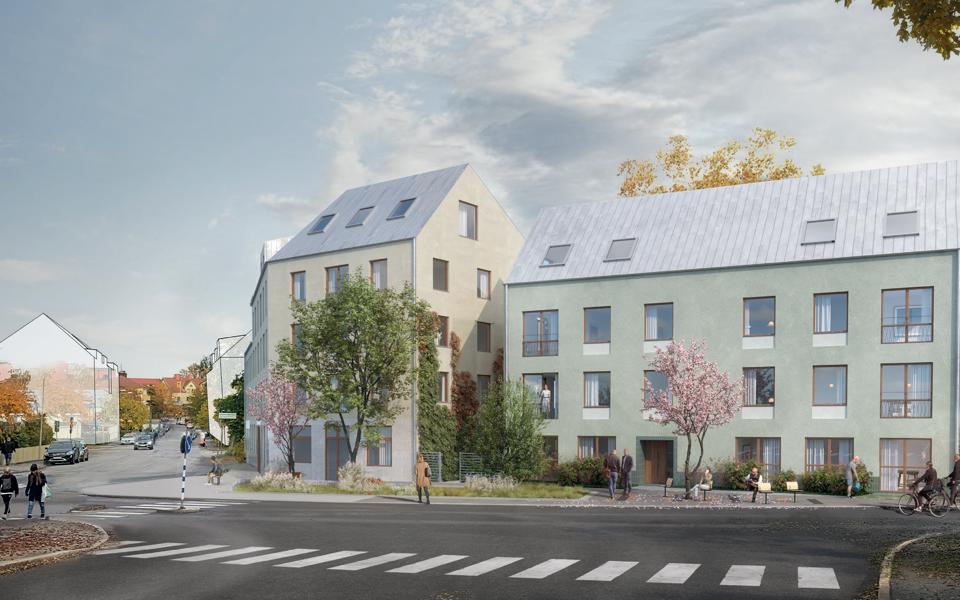 En t-korsning med två flerbostadshus inritade i mitten av bilden. Längre bort, till vänster i bilden, skymtar fler inritade bostadshus. Träd, bebyggelse och människor i rörelse. Illustration