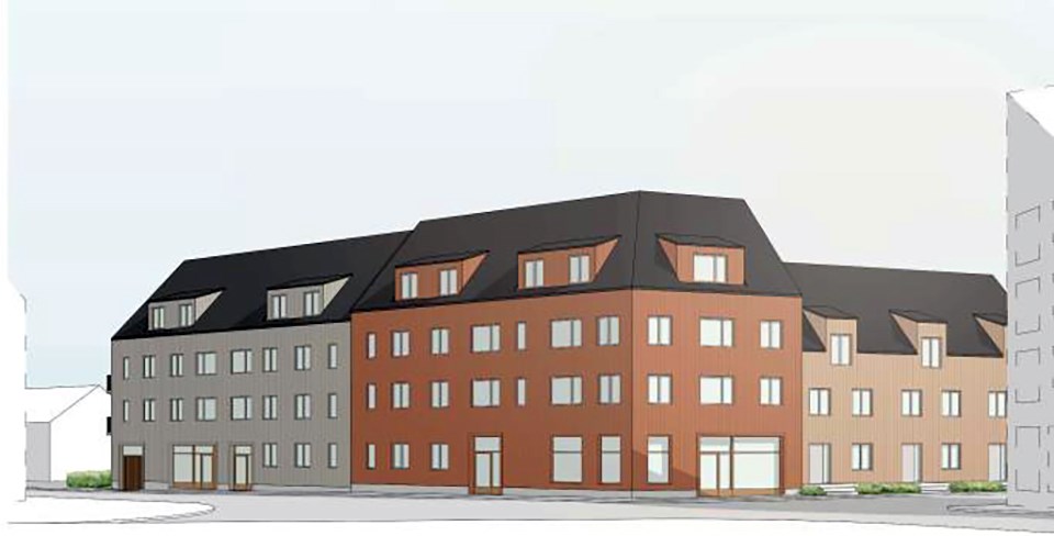 Flerbostadshus sedda från hörnet Johan Skyttes väg och Segervägen. Tre byggnader i grå, brunbeige och beige nyanser. Illustration