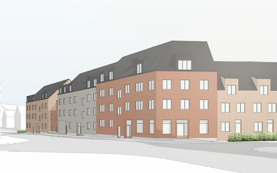 Illustration av de ihopsatta  två till tre våningar höga bostadhusen. 