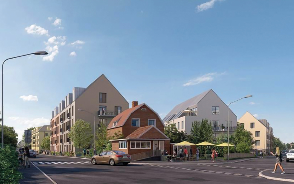 Flerbostadshus sedda från korsningen Sjättenovembervägen/Johan Skyttes väg. Omgivet av mindre bostadshus och ett café, människor och biltrafik. Illustration