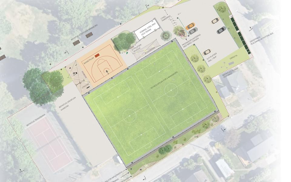 Illustration över bollplanen ytor med 5-spelsplaner, utegym, parkering och toalettbyggnad.