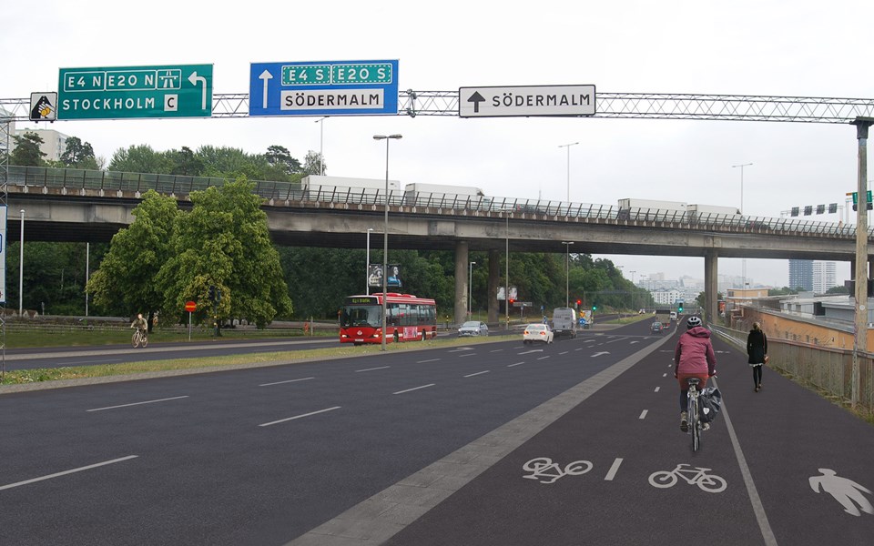 Bilväg med trafik i båda riktningar. Gång- och cykelbana med människor som promenerar och cyklar, illustration.